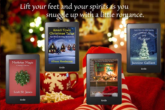 Fireplace and four Christmas-themed book covers